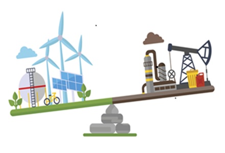 Scale showing renewable energy outweighing fossil fuels.