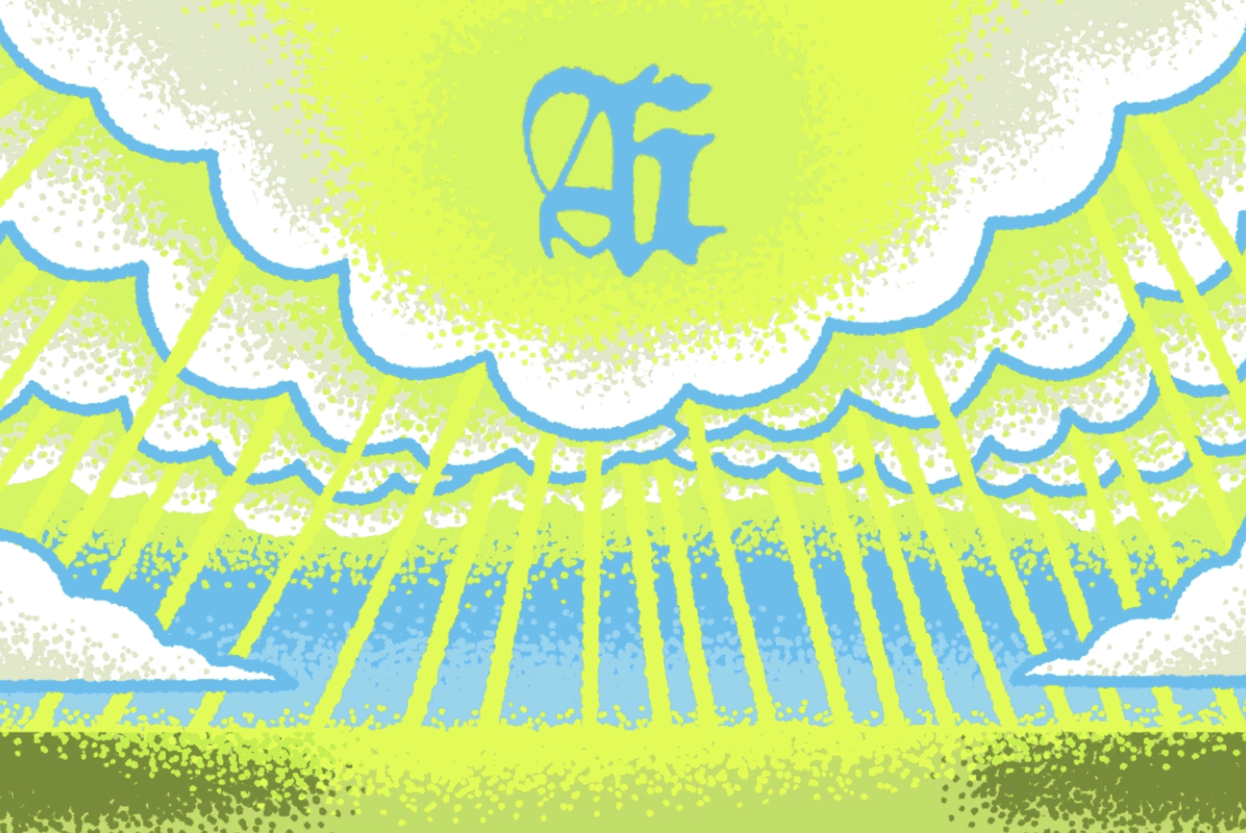 A retro-style graphic illustration depicting bold rays of light radiating downward from layered, stylized clouds to a grassy horizon. A gothic or blackletter monogram reading "Ai" appears centered at the top in blue. The overall color scheme uses lime green, white, and sky blue with a slightly grainy, textured aesthetic.