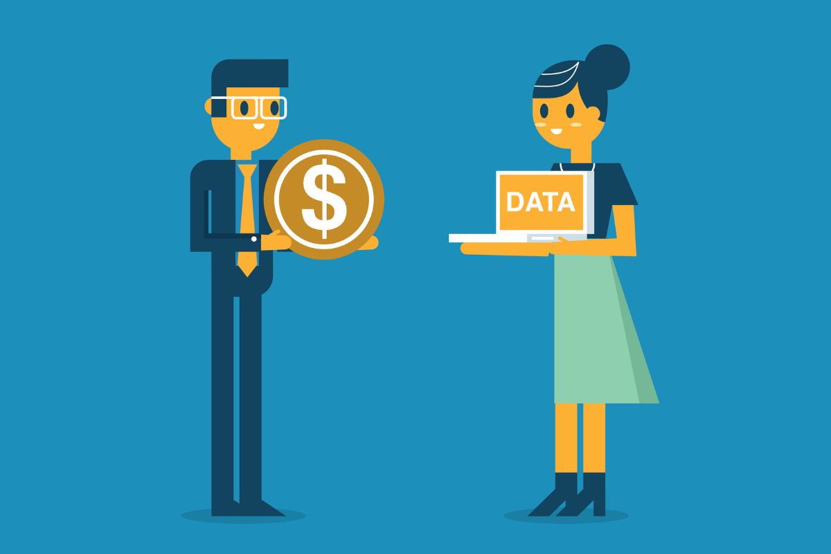 Flat-style illustration of two people exchanging money for data — a man holding a large dollar coin and a woman holding a laptop labeled "DATA"