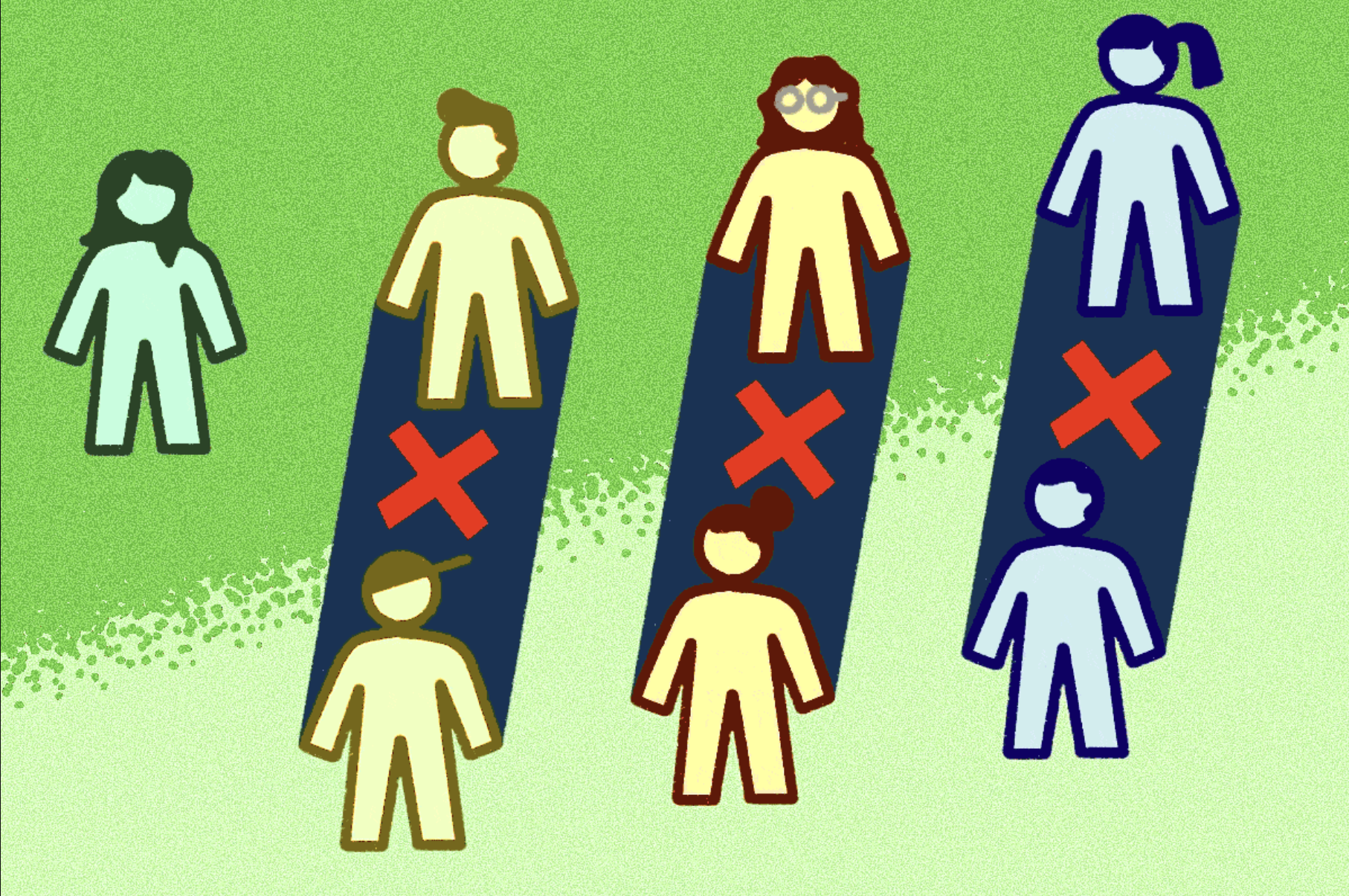 Seven human figures with red X symbols showing disconnection.